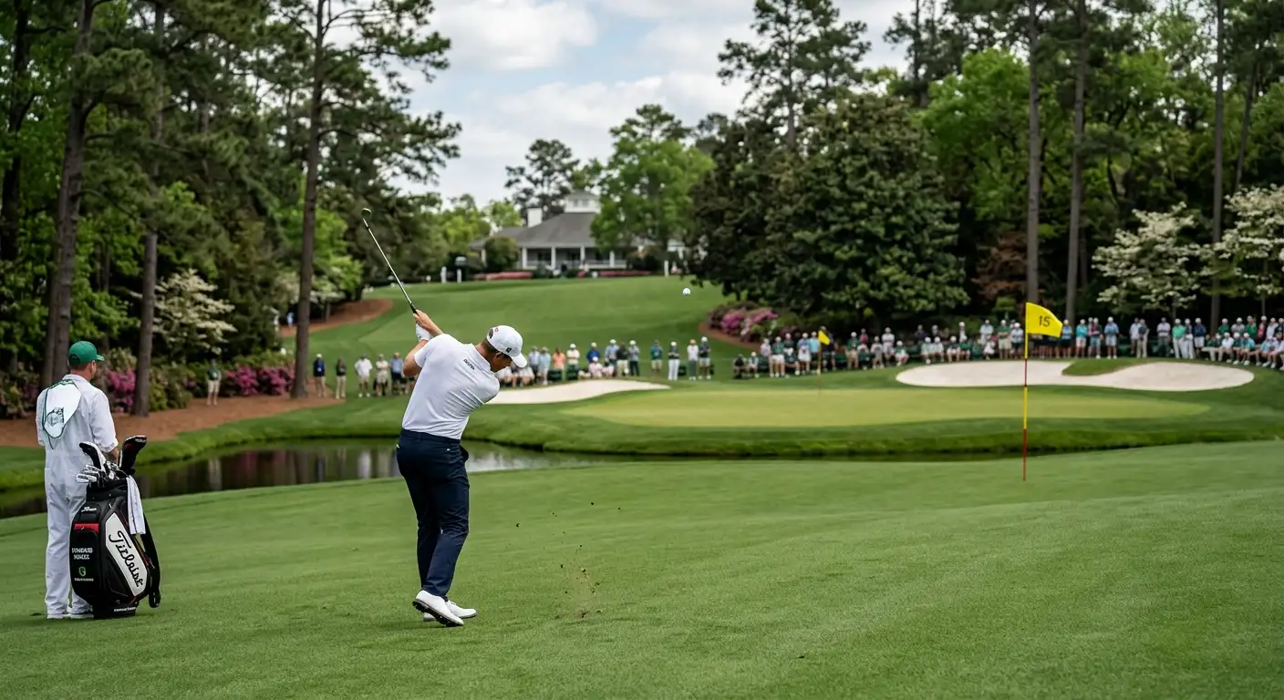 Golfer hitting precise approach shot into Augusta National green demonstrating SG approach importance