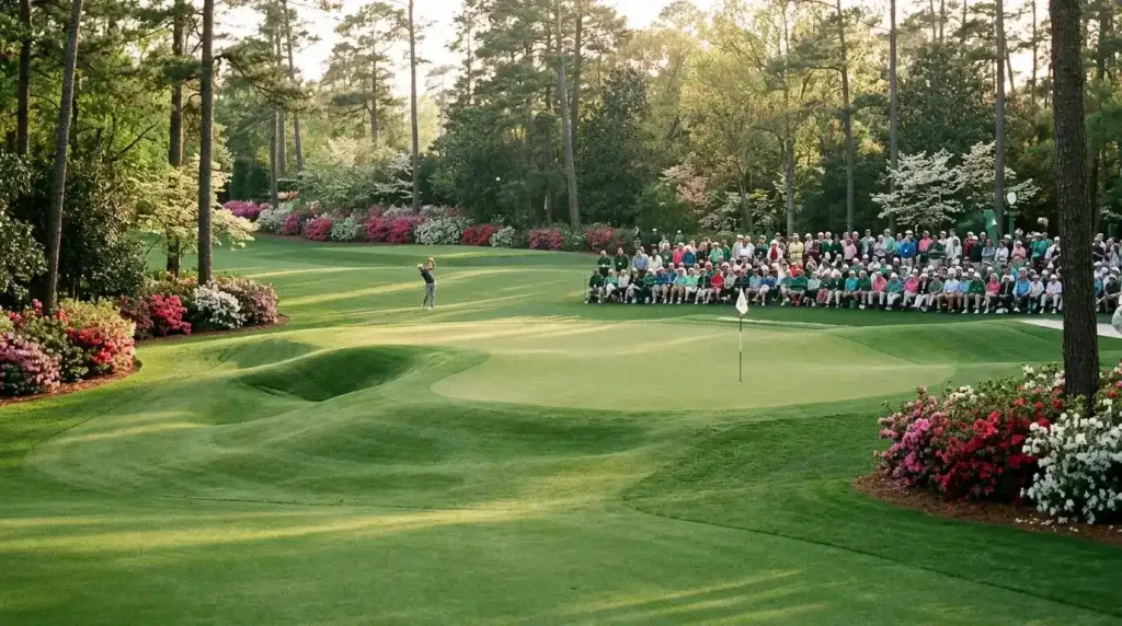 Golf approach shot to a demanding green on a championship course illustrating course fit SG analysis