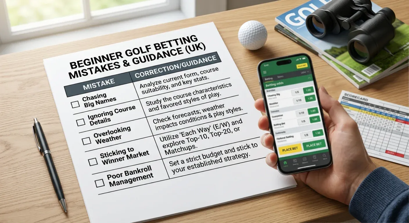 Checklist showing common golf betting mistakes beginners make with correction guidance