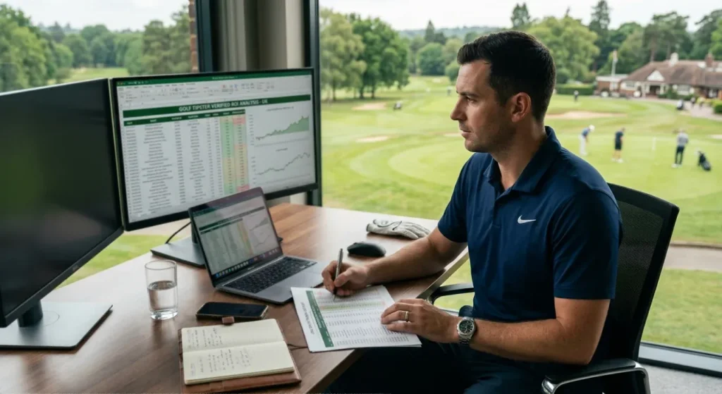 Golf tipster analysing verified ROI records and long-term betting data at a desk