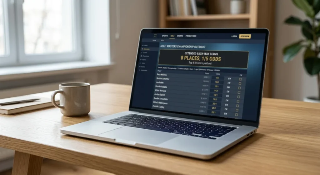 UK bookmaker screen displaying extended each-way golf betting terms for a PGA Tour event