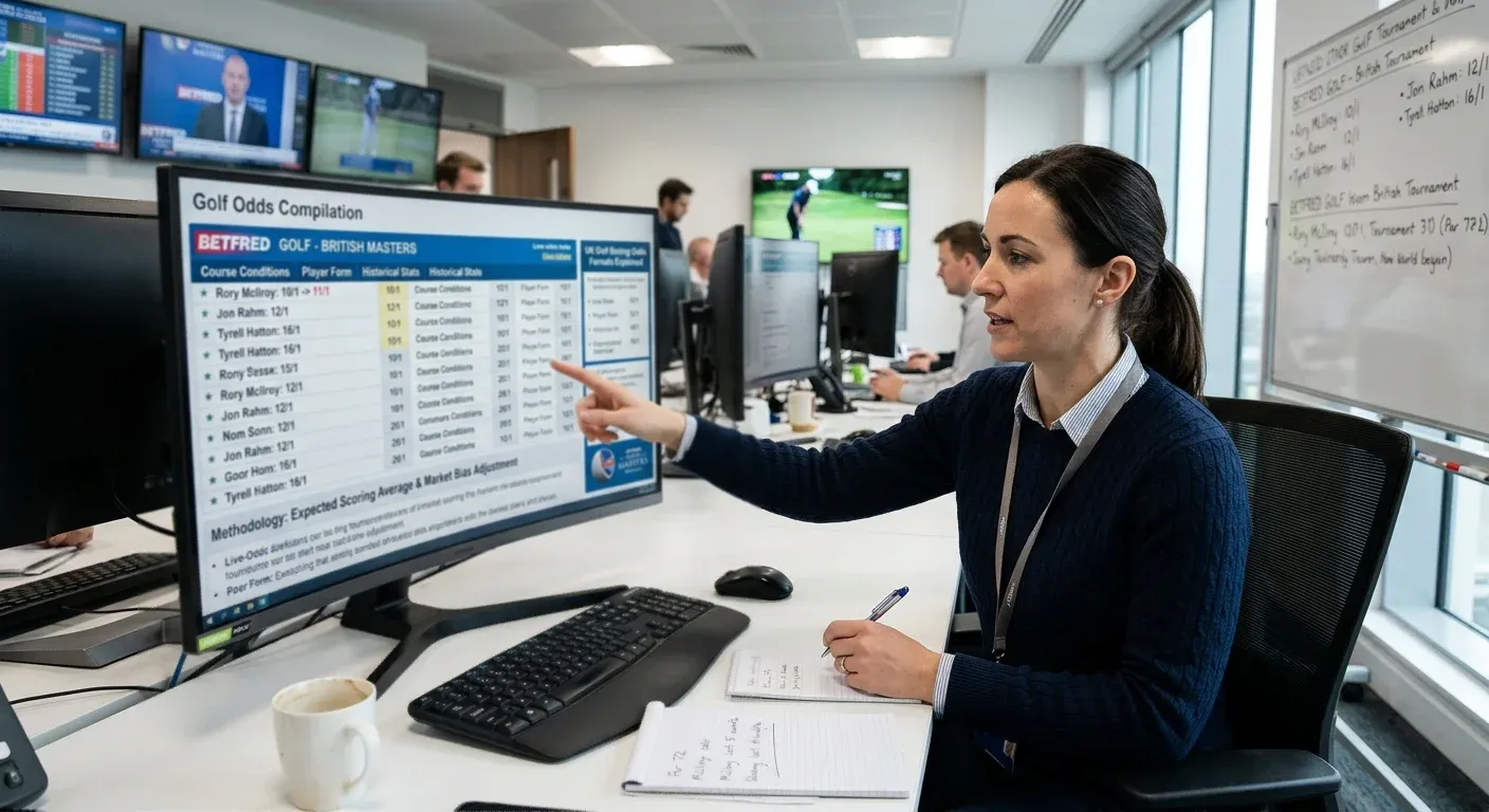 Bookmaker trading screen showing golf odds compilation process and price setting methodology