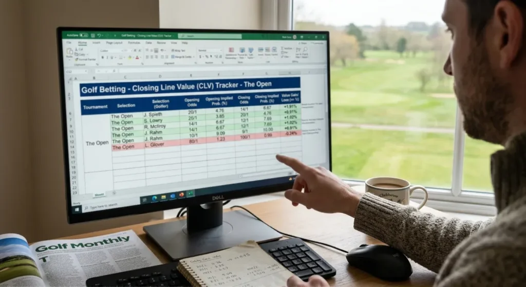 Spreadsheet tracking opening and closing odds for golf tournament selections