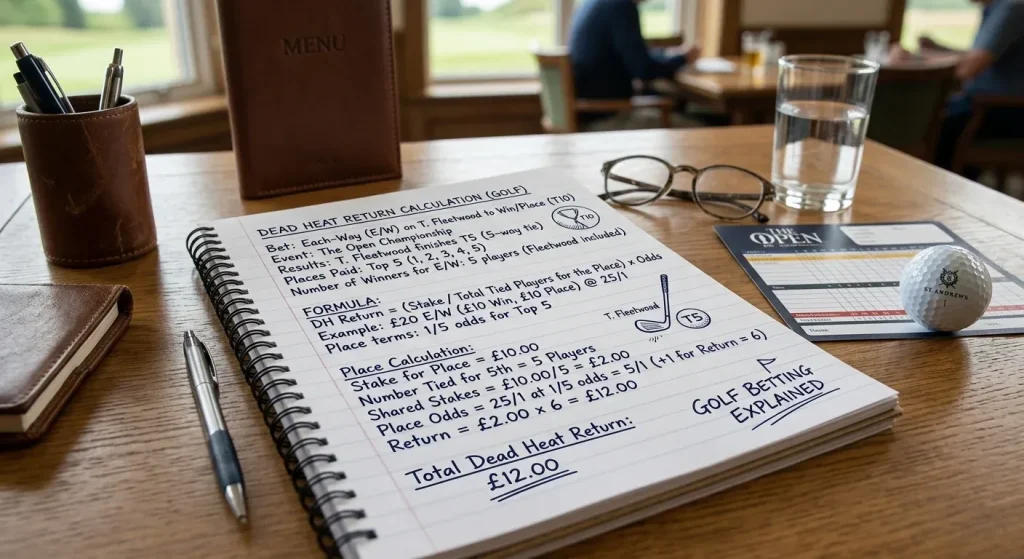 Handwritten dead heat return formula showing stake division and odds application