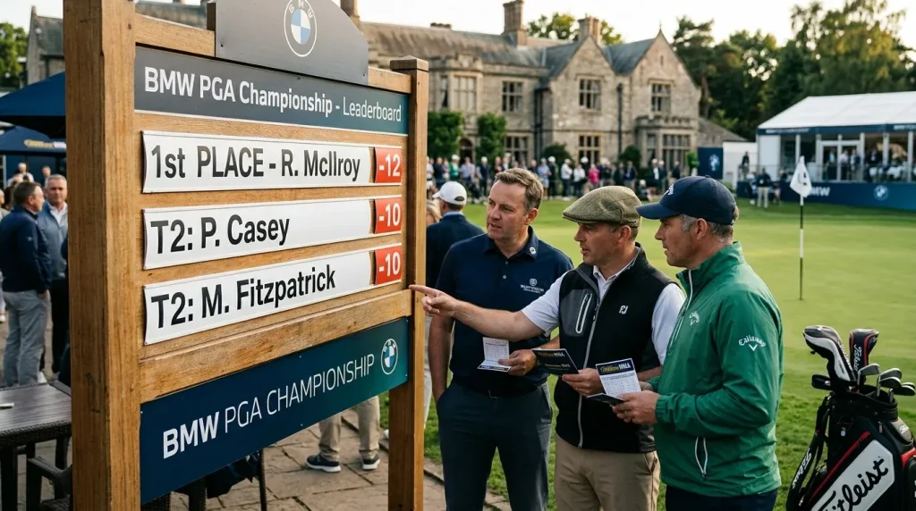 Golf leaderboard showing tied players at same position illustrating dead heat betting scenario
