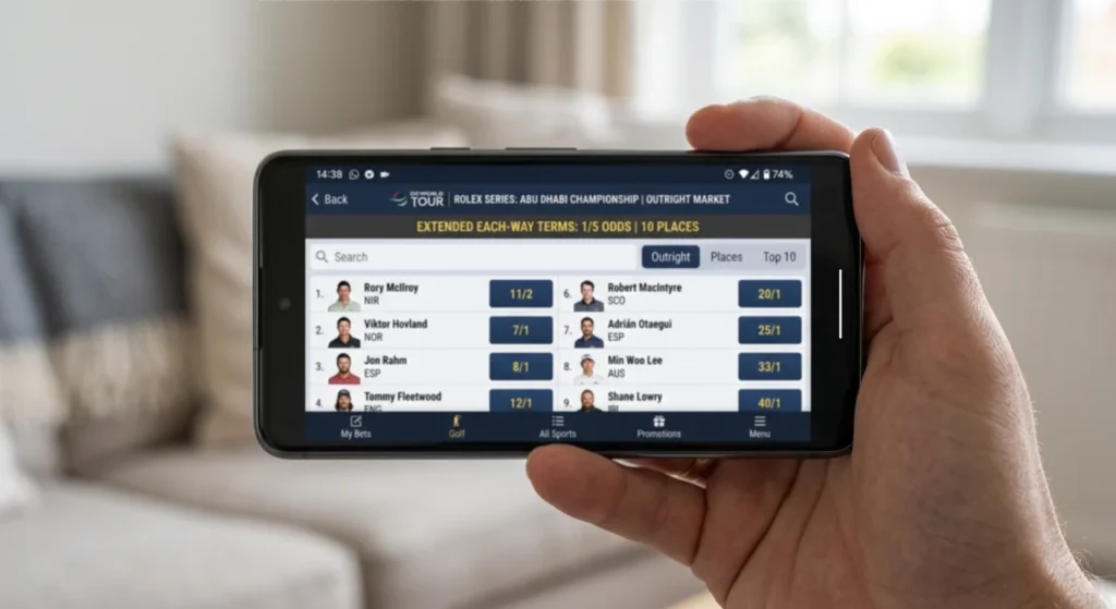 Golf betting slip showing each-way selection on a DP World Tour Rolex Series event with extended place terms