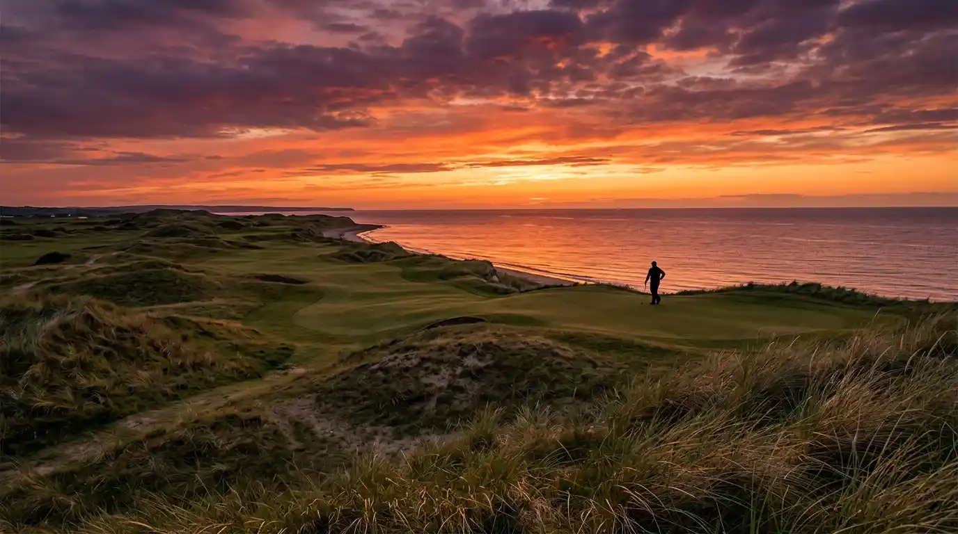 Golf course in European setting with distinctive rolling fairways and coastal backdrop at sunset