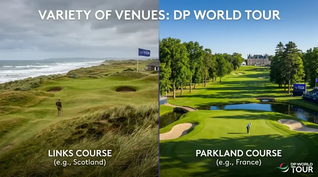Contrasting golf course types on the DP World Tour showing links course and continental parkland venue
