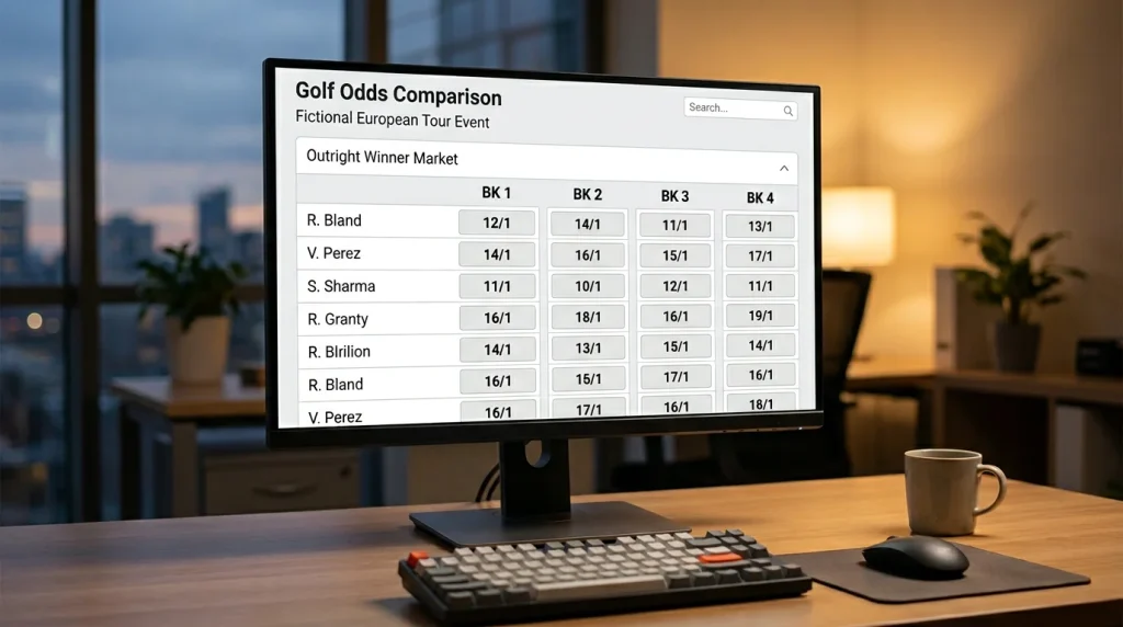 Golf betting odds comparison screen showing wider bookmaker margins on DP World Tour events