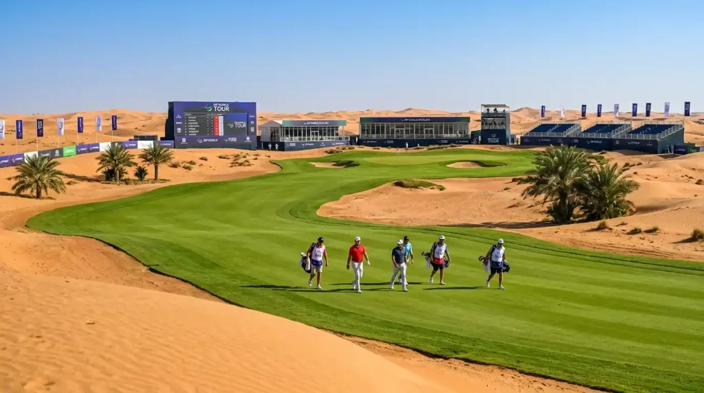Desert golf course in the Middle East hosting a DP World Tour event during the early season swing