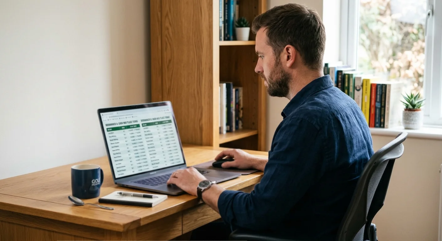 Punter reviewing golf each-way betting terms on a laptop at a desk