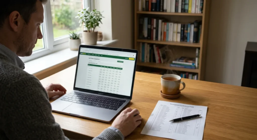 Golf bettor reviewing each-way terms and weekly selections on a laptop before a tournament