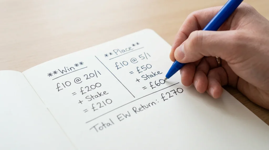 Golf each-way betting return calculation showing win and place parts on a notepad