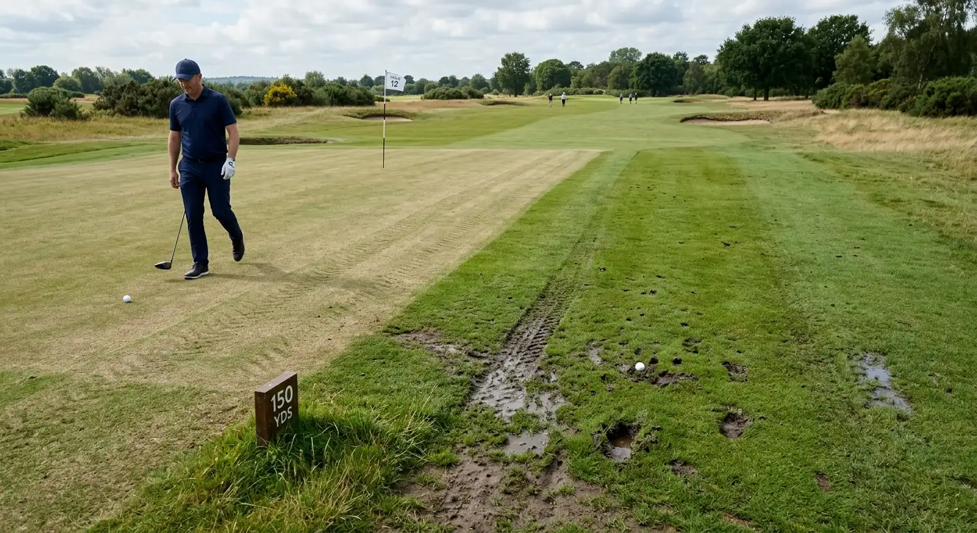 Golf fairway comparing firm running conditions versus soft waterlogged turf surface