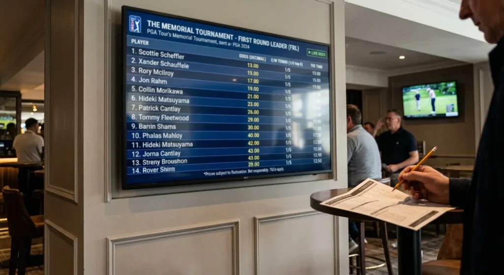 First round leader odds board for a PGA Tour event showing market prices and field