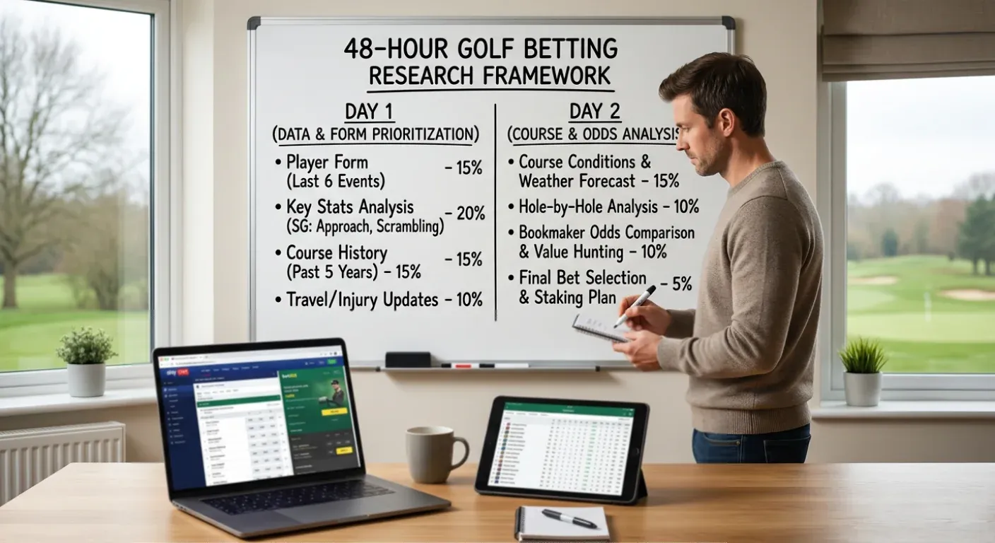 Two-day golf betting research framework showing key analysis steps with time allocation