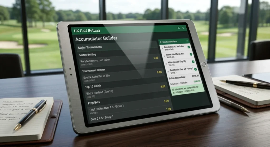 Golf betting markets list showing compatible combinations for accumulator construction