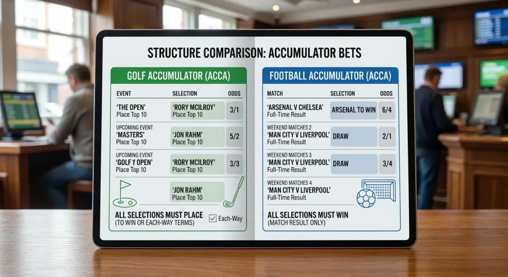 Side-by-side structure comparison of golf accumulator versus football accumulator bet types