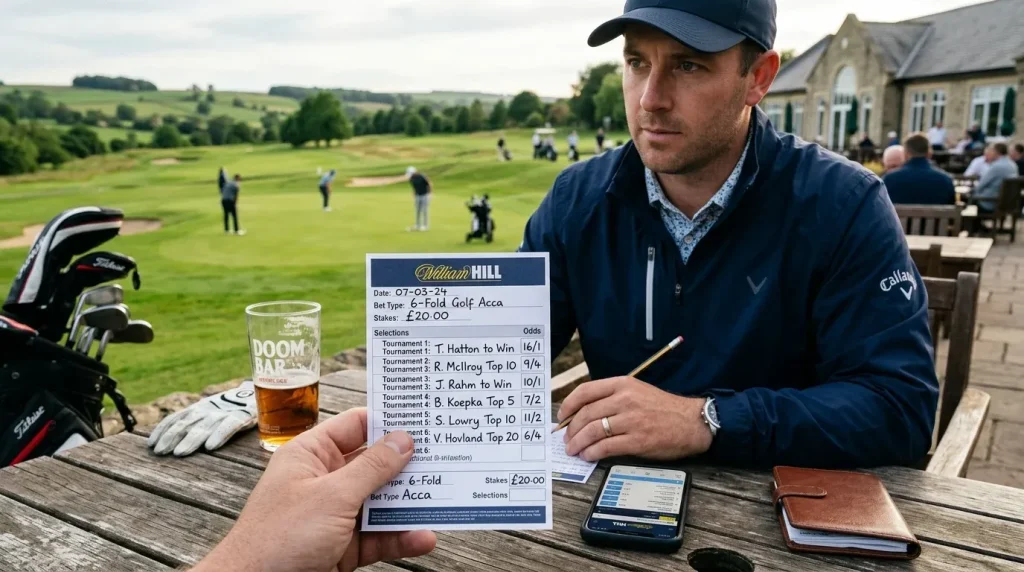 Golf accumulator bet with multiple tournament selections on a betting slip for UK punters