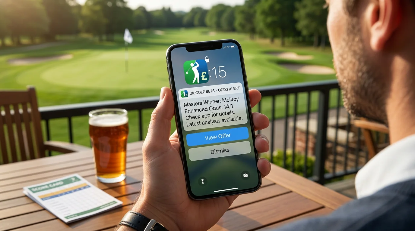 Mobile phone showing golf betting app push notification for early price on tournament market