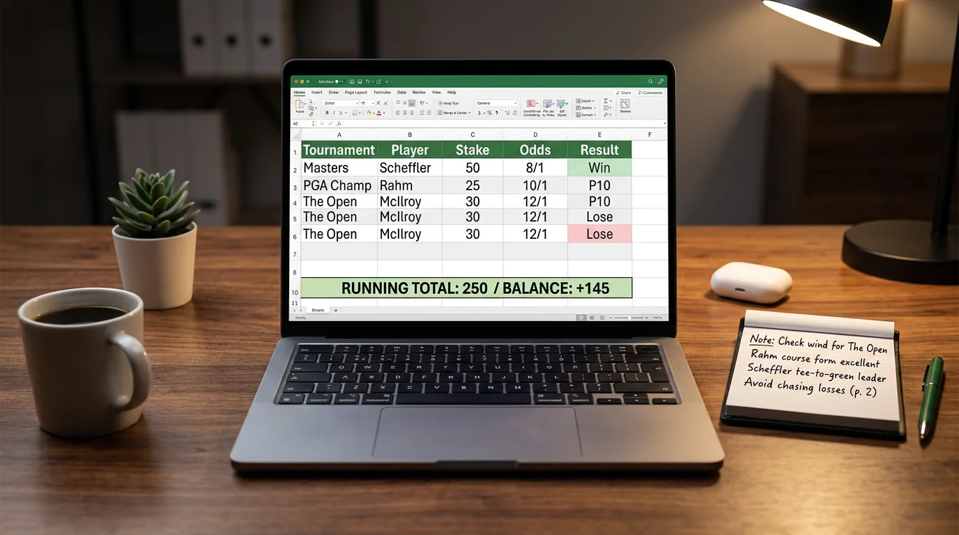 Open spreadsheet on a desk showing bet tracking columns with stakes, odds and running P&L