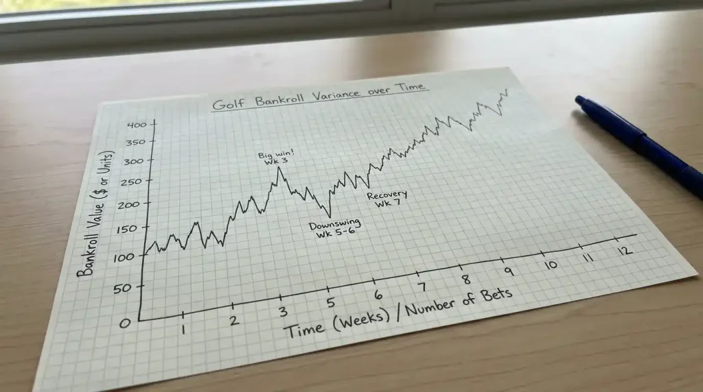 Bankroll chart showing variance over time illustrating why disciplined staking is essential in golf betting
