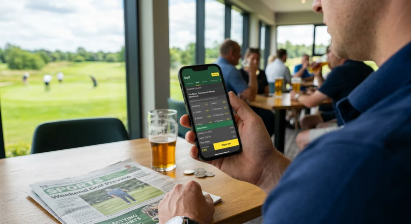 Golf bet placement on mobile app for weekend tournament showing selections before first tee