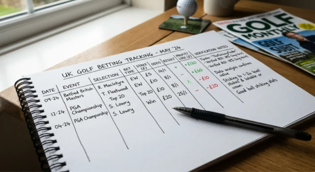 Notebook showing golf betting staking notes with profit and loss tracking columns