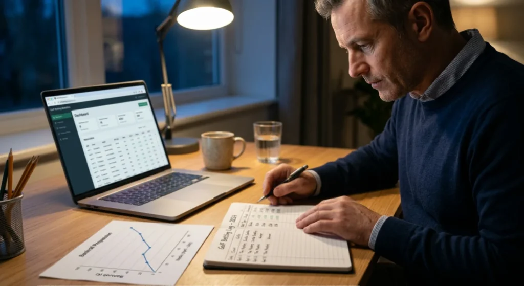 Golf betting bankroll management guide showing a spreadsheet tracker and staking plan for UK punters