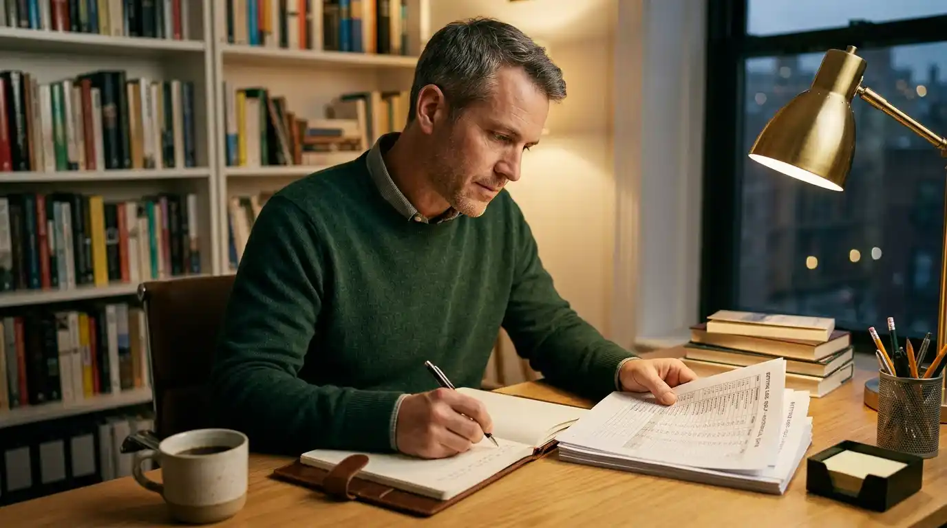 Person calmly reviewing golf betting results on a notebook, writing notes with disciplined focus