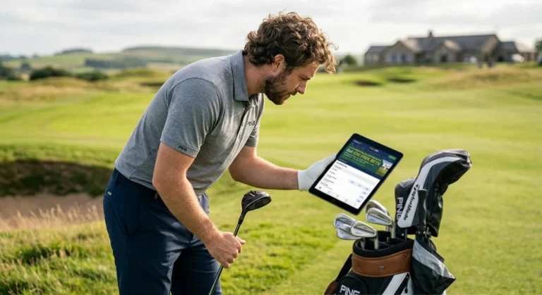 UK bookmaker welcome offer screen showing free bet promotion for golf betting markets