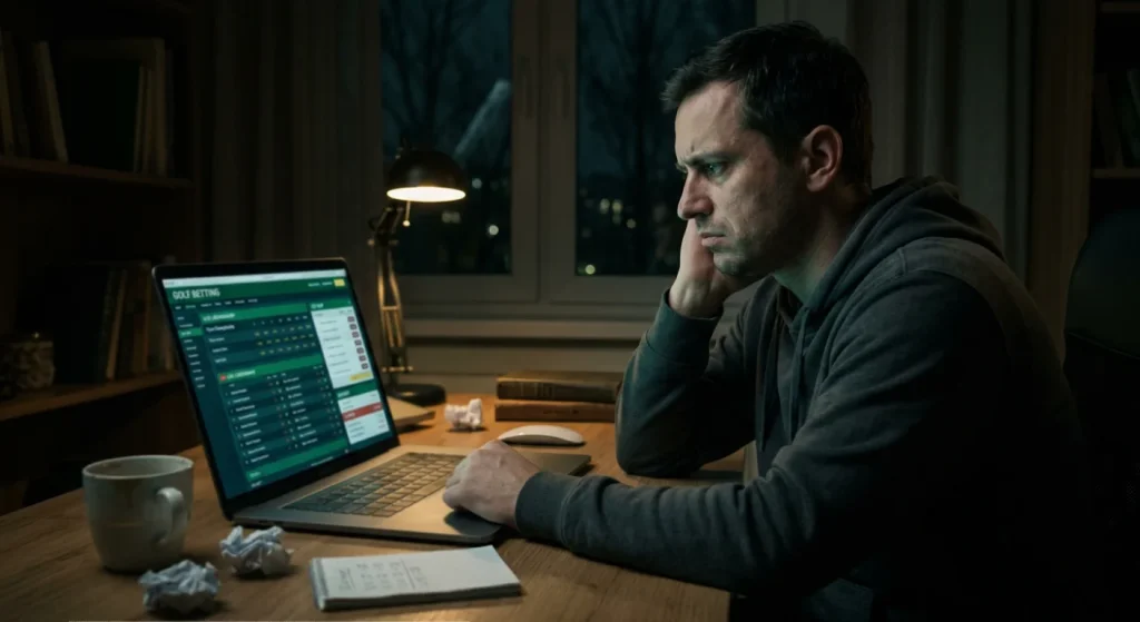 Conceptual image of a golf bettor reviewing a losing week illustrating the psychological trap of chasing losses