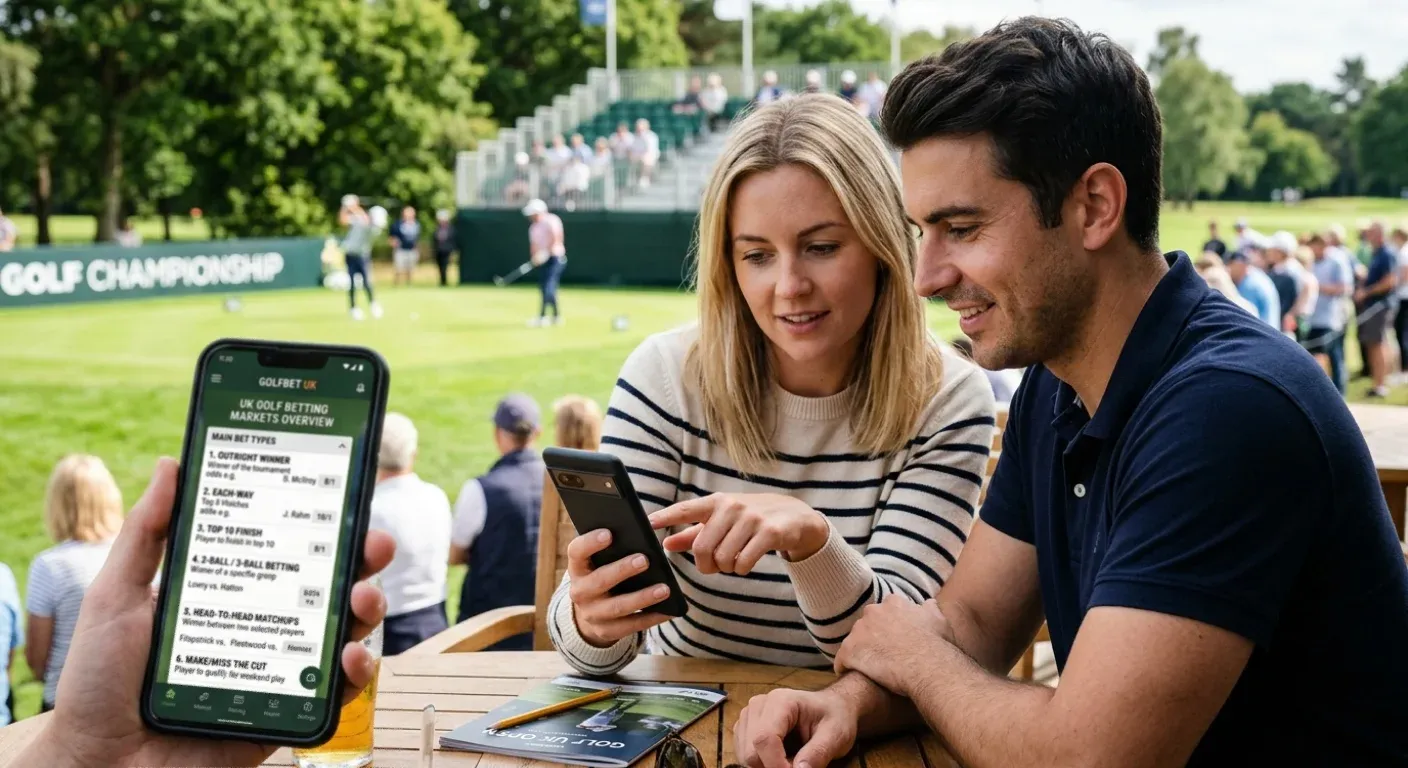 Golf betting market overview showing six main bet types available to UK punters