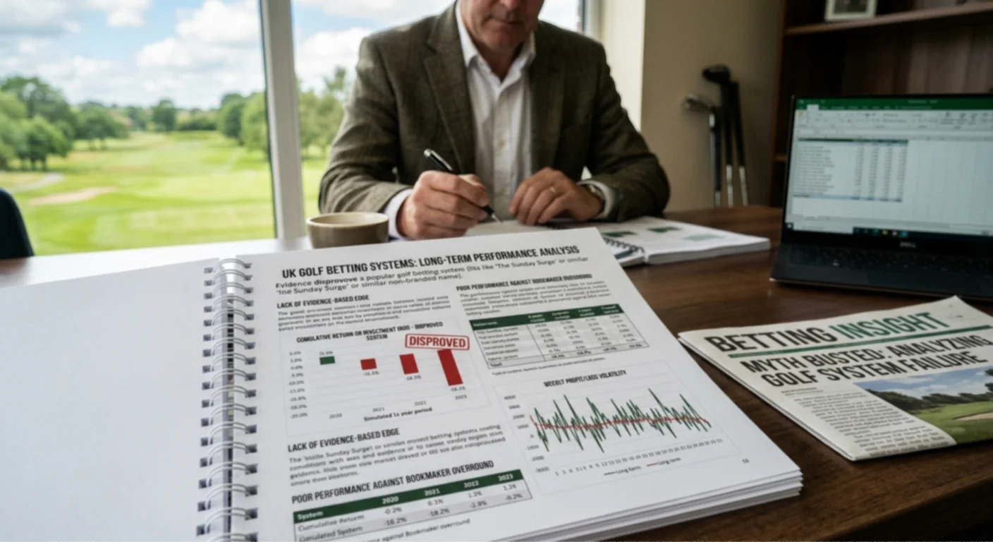 Analysis document showing disproven golf betting system with poor long-term performance data