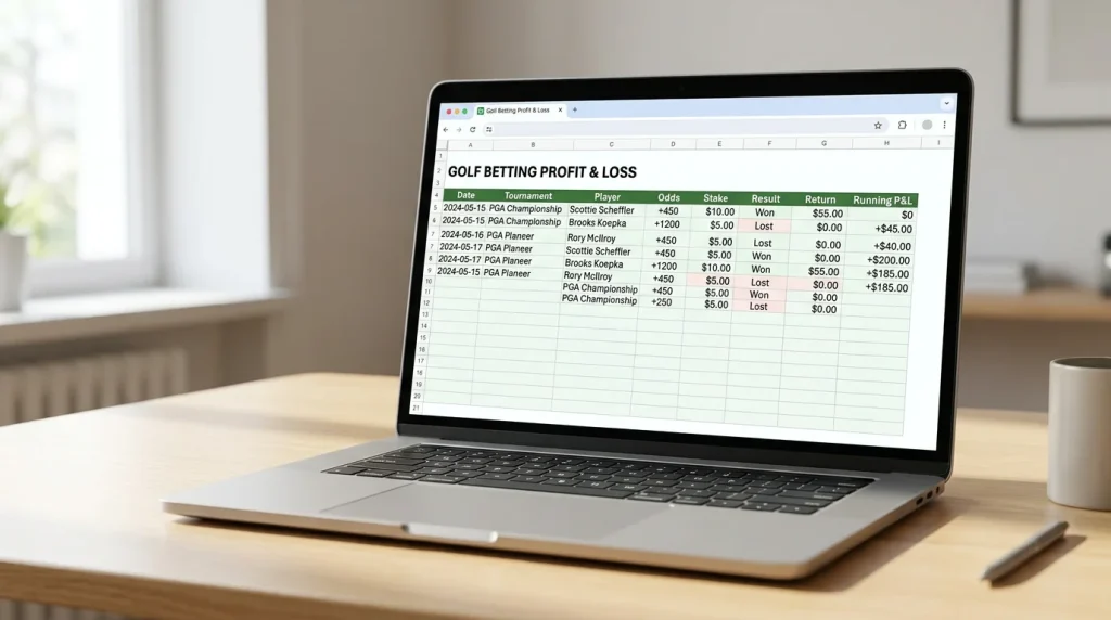 Golf betting profit and loss tracking spreadsheet with columns for stake odds result and running total