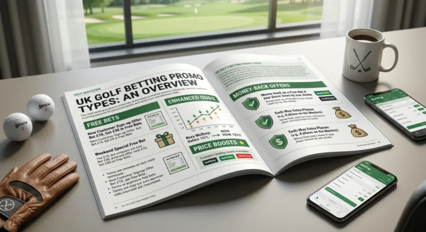 Overview of golf betting promotion types showing free bets enhanced odds and money-back offers