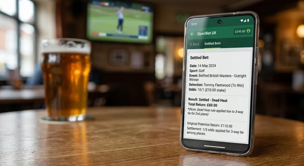 Betting account settlement screen showing reduced return after dead heat rule applied to golf bet