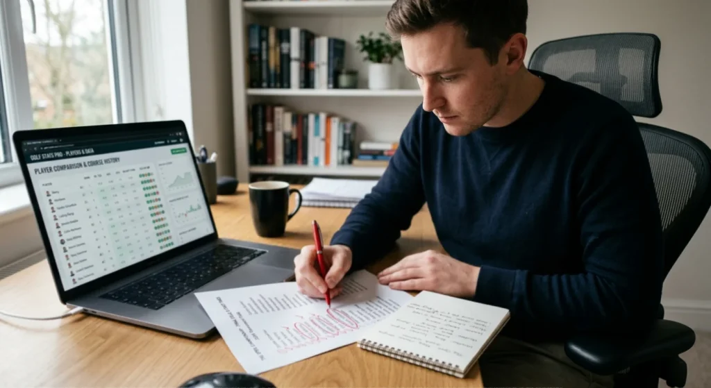 Golf analyst reviewing player statistics to build a data-driven shortlist for each-way betting