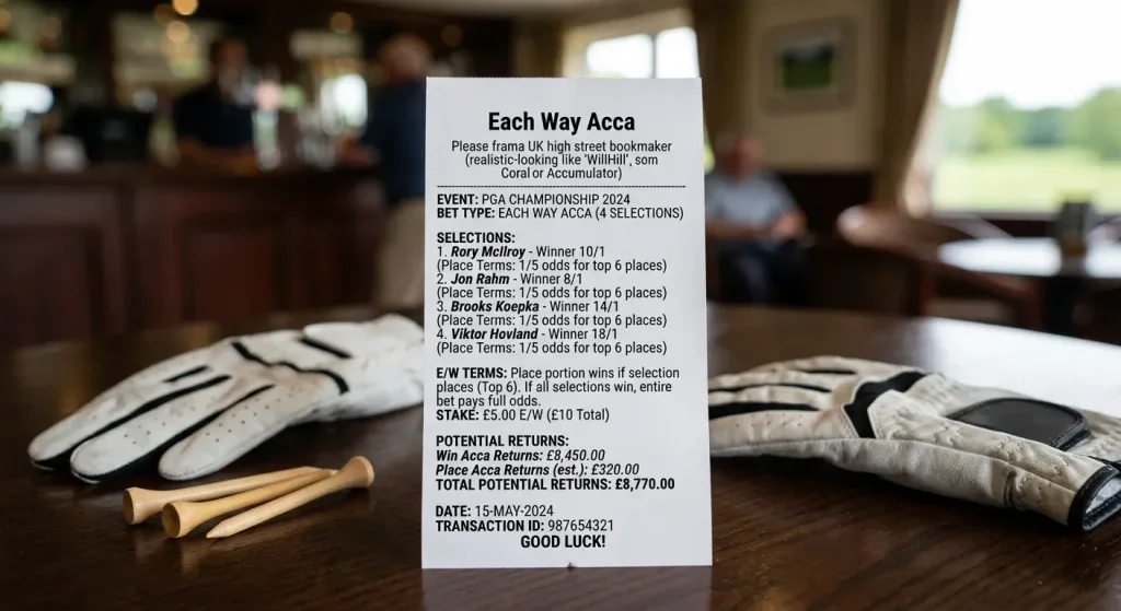 Golf each-way accumulator bet slip showing place terms and total returns