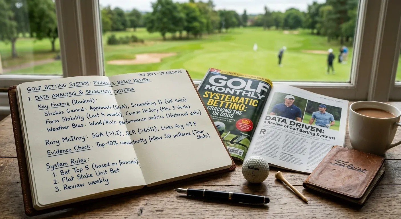 Research notebook with golf betting system notes showing evidence-based selection criteria