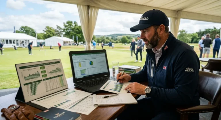 Golf analyst reviewing systematic betting approach with data charts and performance records