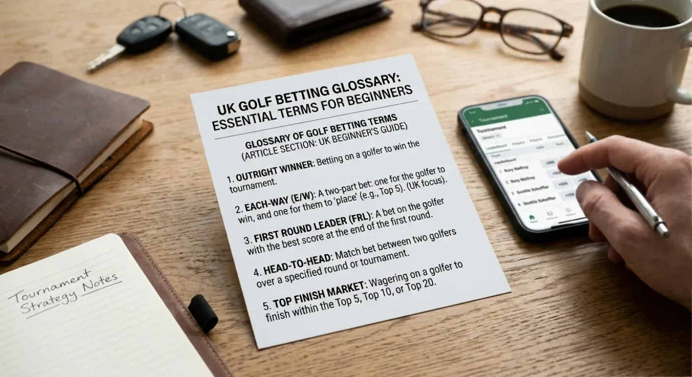 Golf betting terminology glossary card showing key terms like each-way FRL and outright defined