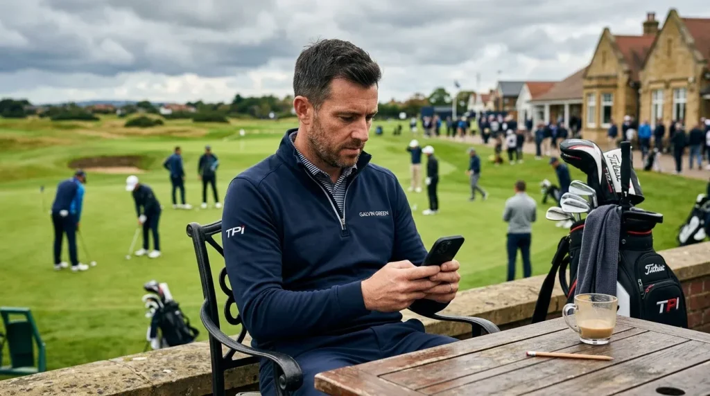Golf punter checking weekend tournament odds and picks on a mobile phone before Saturday round