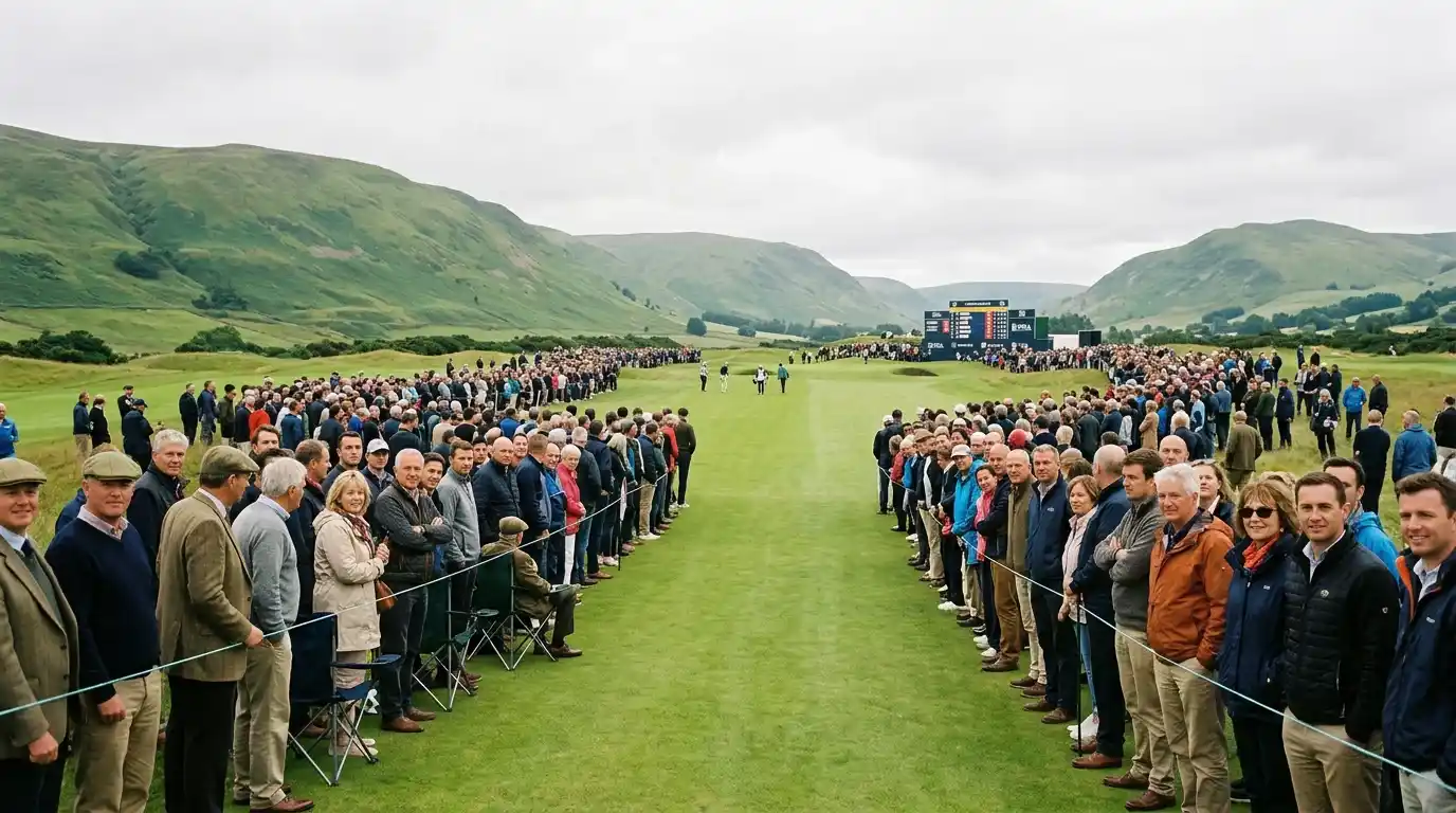 Golf fairway lined with spectators during a PGA Tour event in the UK