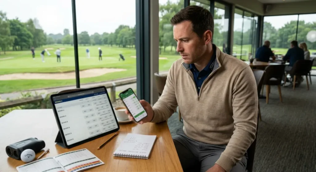 Punter comparing golf betting odds across multiple bookmakers to identify value bets