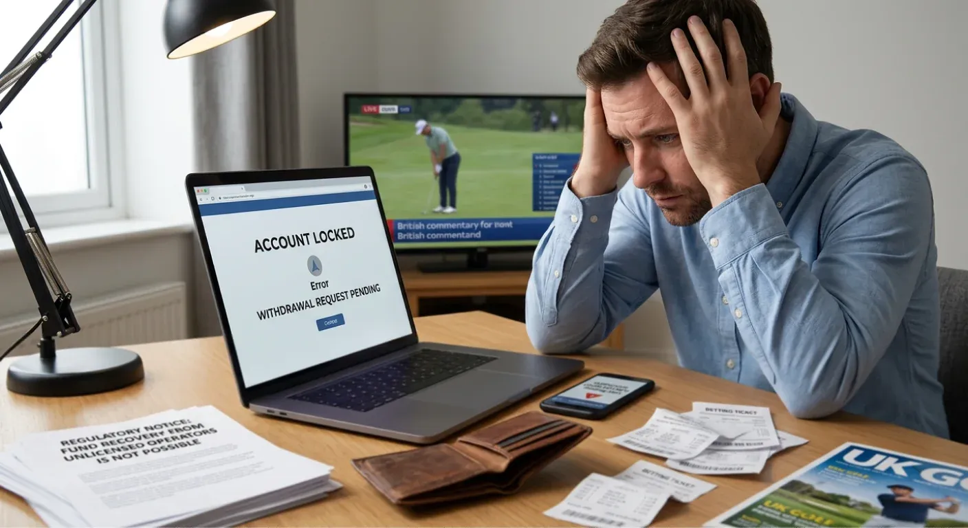 Warning illustration showing specific risks for golf bettors using unlicensed betting sites