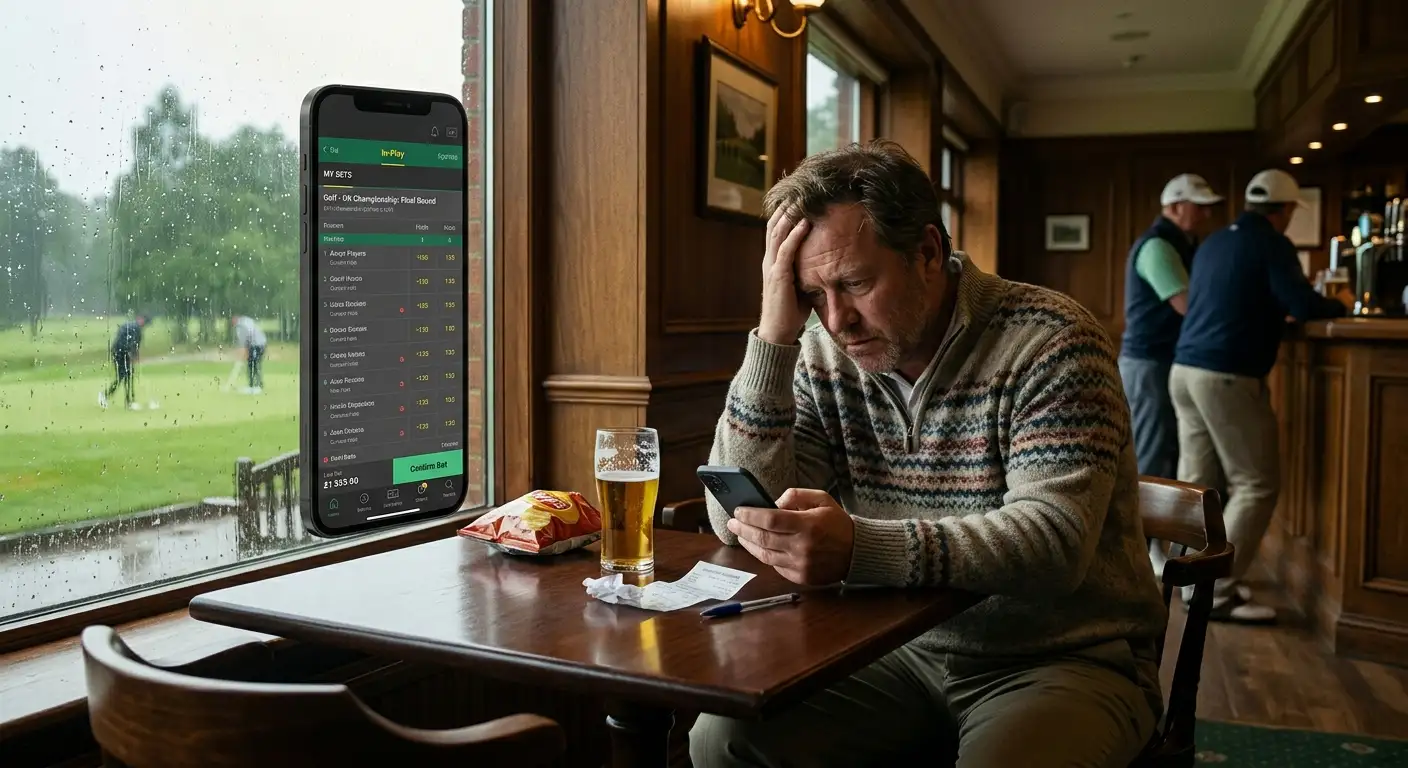 Person showing stressed expression while checking golf betting results on a smartphone