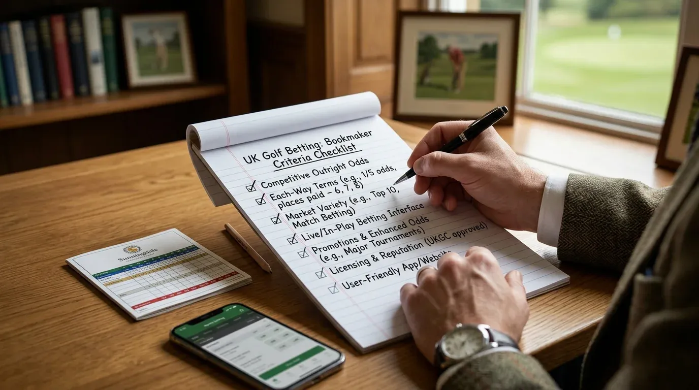 Golf bookmaker selection checklist showing criteria for each-way terms licence and markets