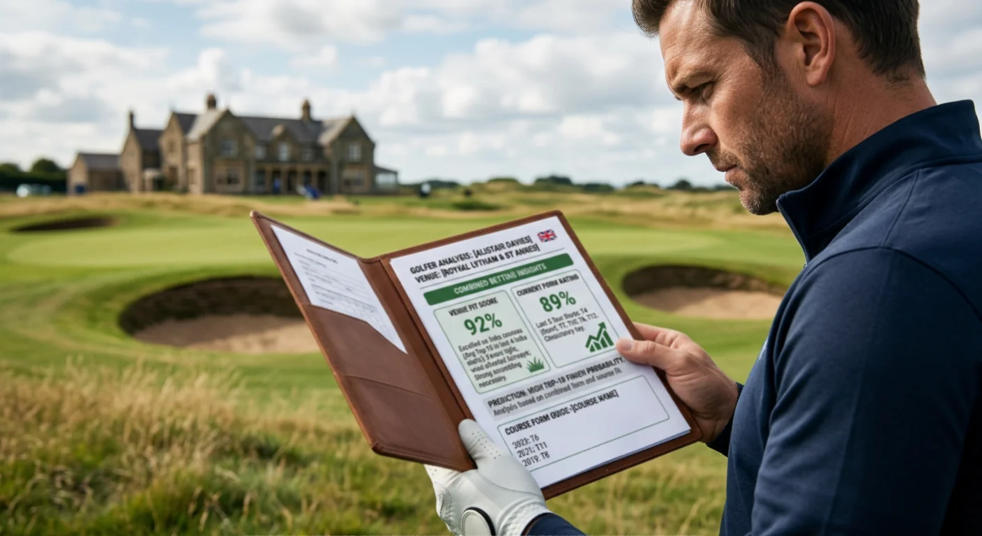 Combined analysis showing venue fit score alongside current form rating for golf betting selection