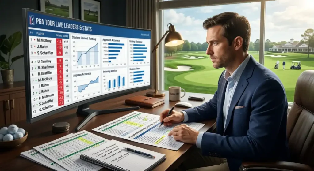 Golf course form guide showing a scorecard, statistics research and a golfer studying the fairway